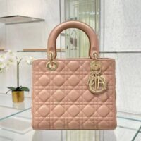 Dior Women CD Medium Lady Dior Bag Sand Pink Cannage Lambskin (3)