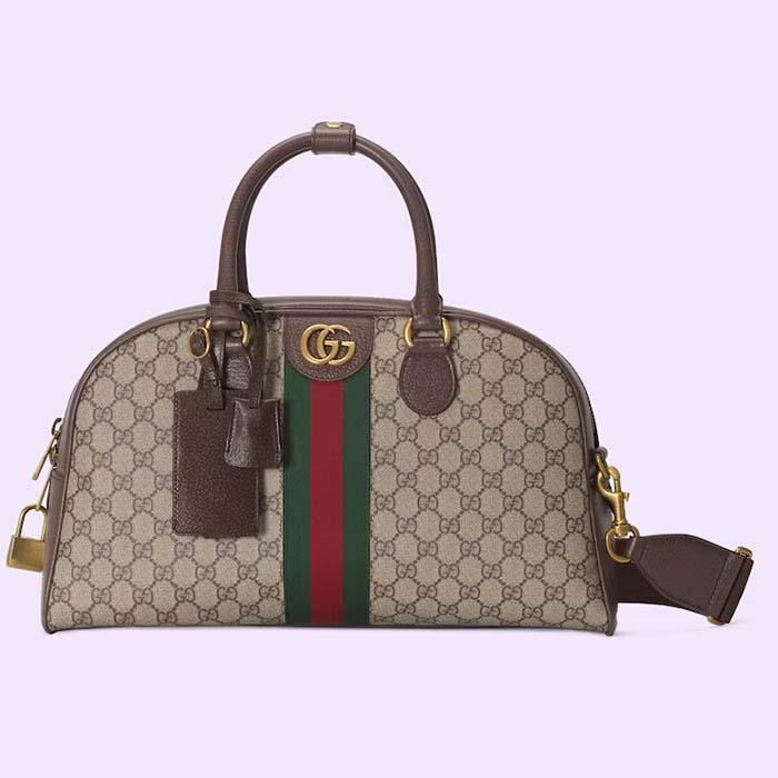 Gucci GG Unisex Savoy Medium Bowling Bag Beige Ebony GG Supreme Canvas Double G