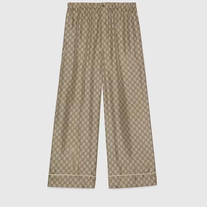 Gucci Men GG Supreme Silk Pant Beige Ebony Piped Unlined Elastic Waist Two Side Pockets Wide Leg