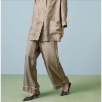 Gucci Men GG Supreme Silk Pant Beige Ebony Piped Unlined Elastic Waist Two Side Pockets Wide Leg (2)