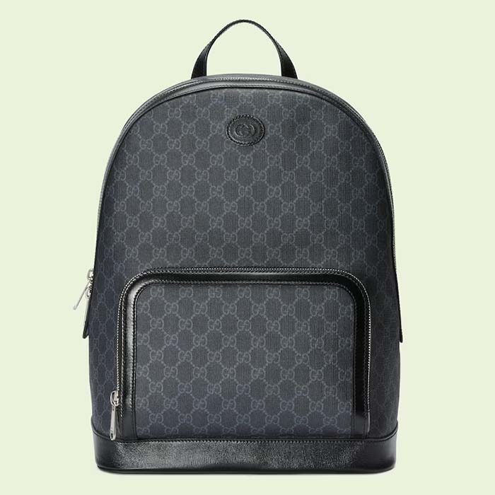 Gucci Unisex Backpack Interlocking G Black GG Supreme Canvas Leather Top Handle