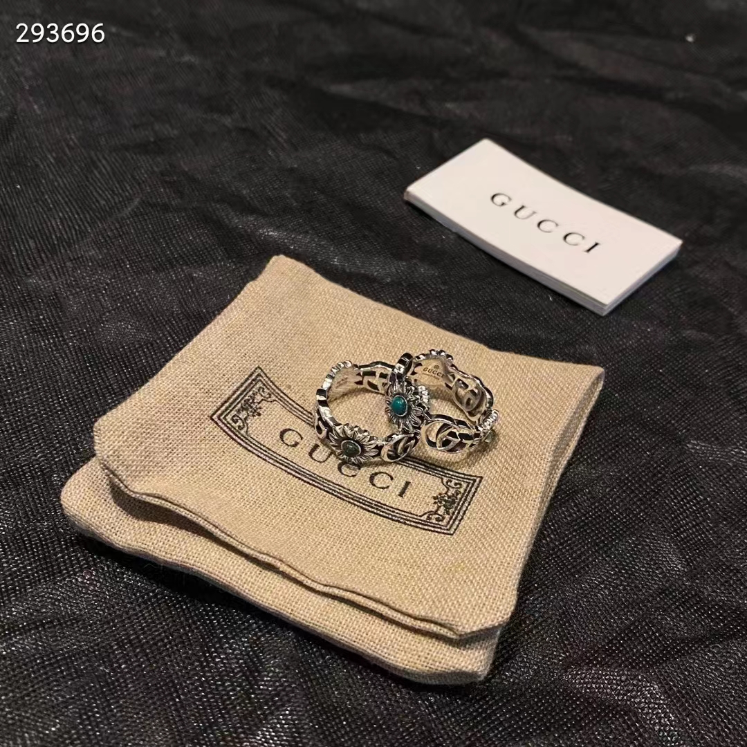 Gucci Unisex Double G Mother Of Pearl Ring Flowers Resin Blue Topaz Stones 925 Sterling Silver (3)