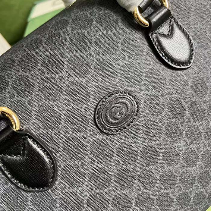 Gucci Unisex Duffle Bag Interlocking G Black GG Supreme Canvas Black Leather (11)