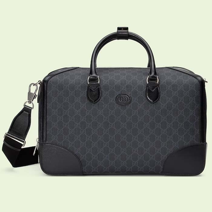 Gucci Unisex Duffle Bag Interlocking G Black GG Supreme Canvas Black Leather