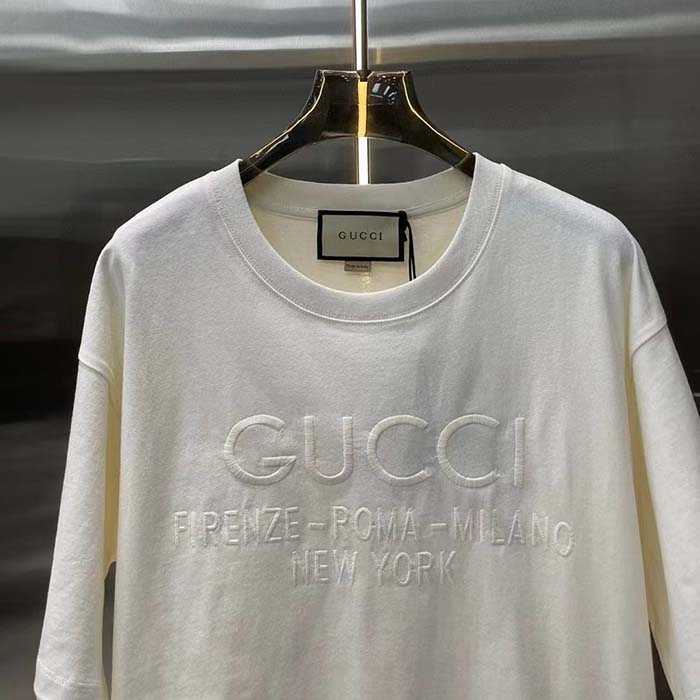 Gucci Unisex GG Cotton Jersey T-Shirt Off White Heavy Cities Embroidery Crewneck Short Sleeves Oversize Fit (14)