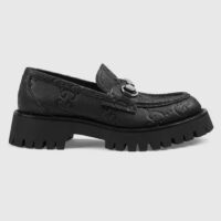 Gucci Unisex GG Lug Loafer Black GG Leather Horsebit Rubber Sole 1.5 CM Heel Height