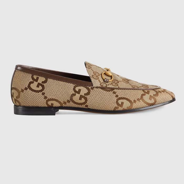 Gucci Unisex Jordaan Jumbo GG Loafer Camel Ebony Maxi GG Canvas Brown Leather Piping