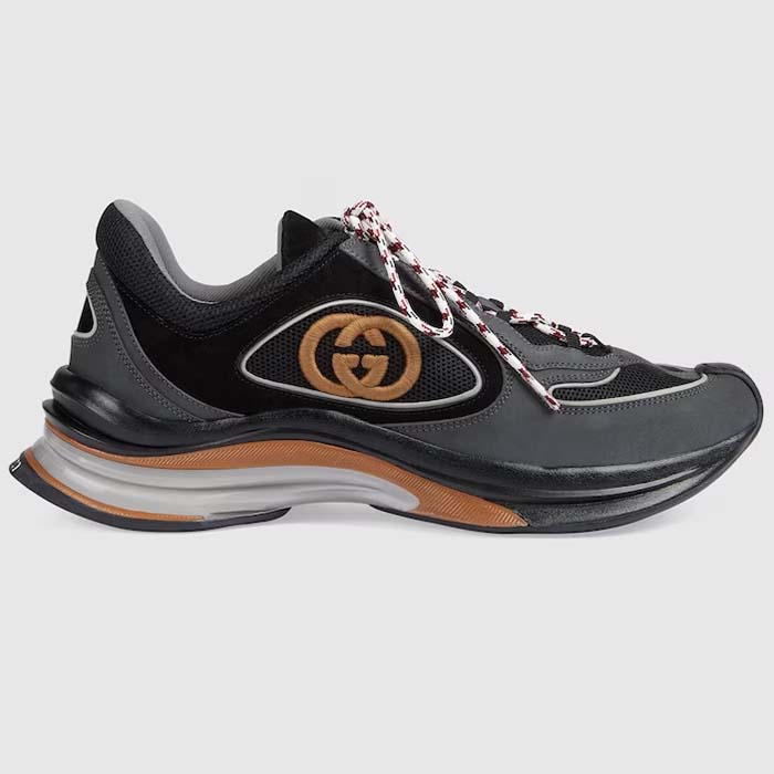 Gucci Unisex Run Sneaker Grey Black Suede Interlocking G Bi-Color Rubbe Low Heel
