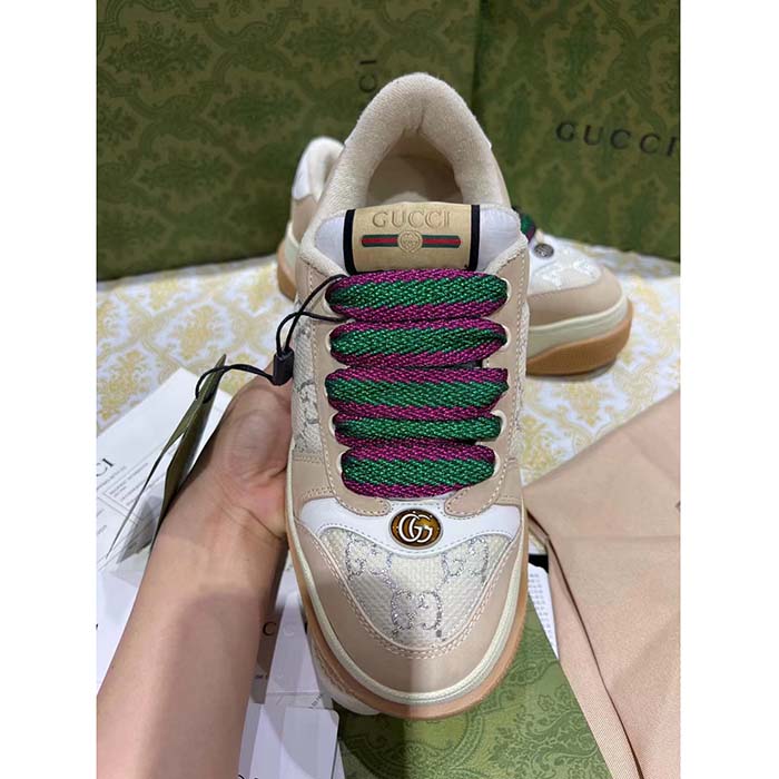 Gucci Unisex Screener Sneaker White GG Lamé Canvas Chunky Laces 4.8 CM Heel (2)