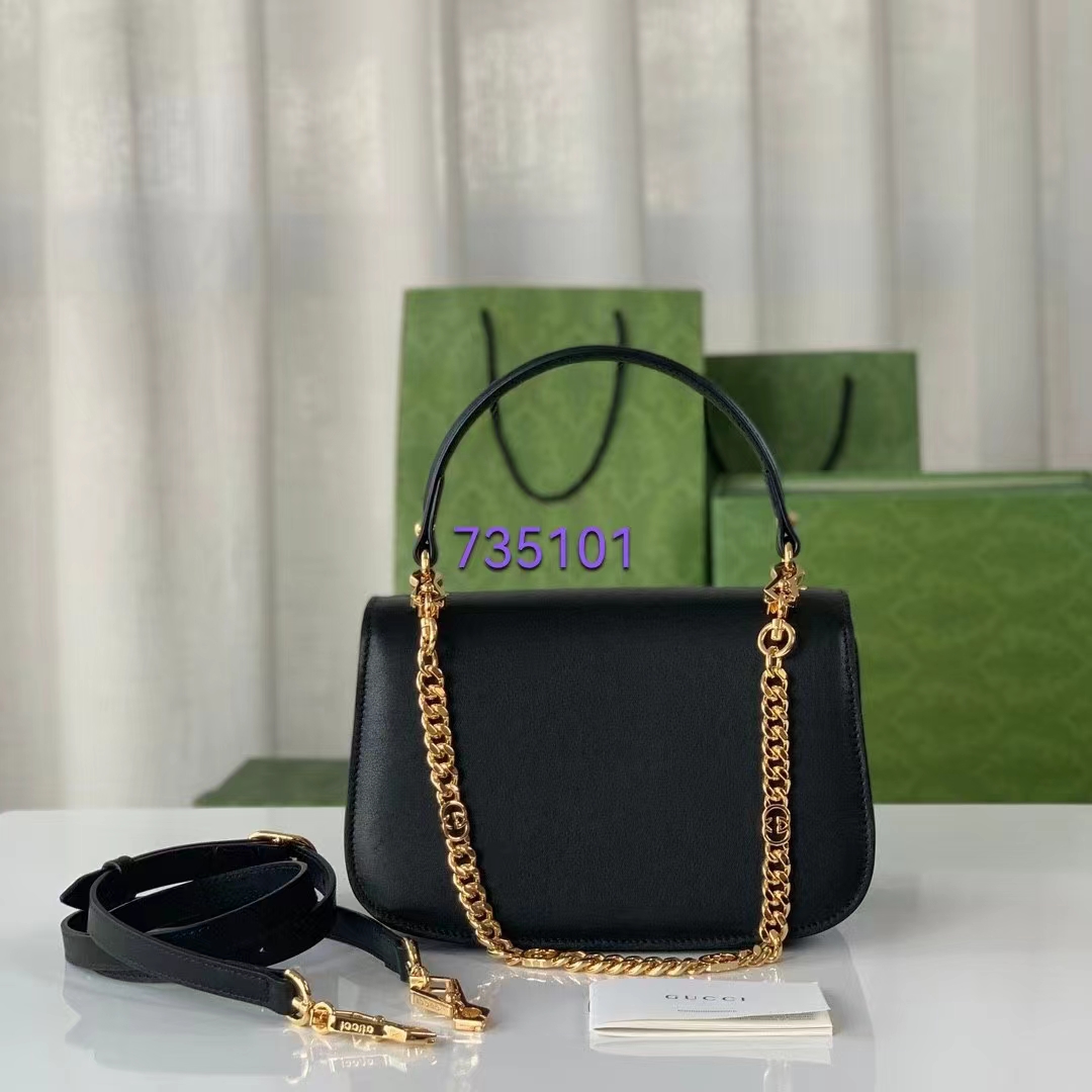 Gucci Women GG Blondie Small Top Handle Bag Black Leather Round Interlocking G (7)