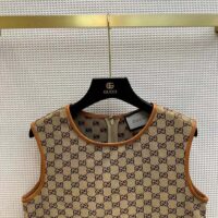 Gucci Women GG Canvas Dress Brown Beige Leather Unlined Crewneck Sleeveless (11)