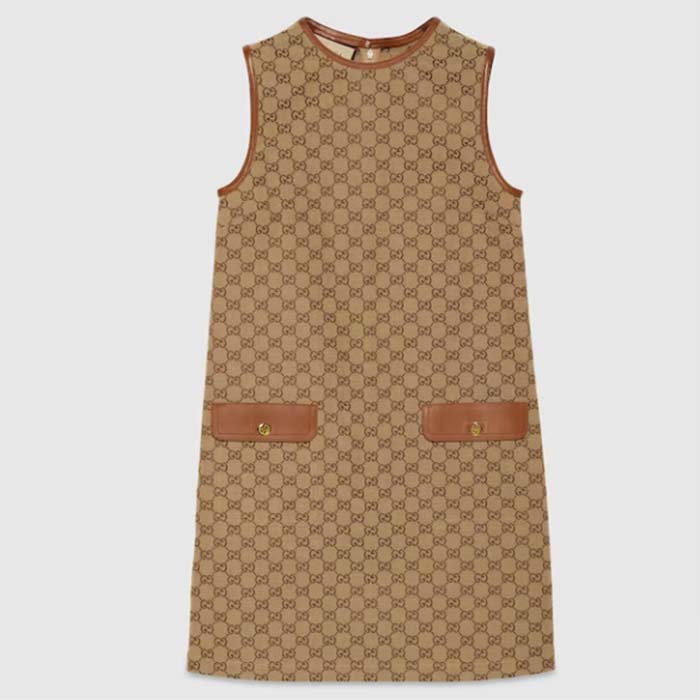 Gucci Women GG Canvas Dress Brown Beige Leather Unlined Crewneck Sleeveless