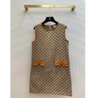 Gucci Women GG Canvas Dress Brown Beige Leather Unlined Crewneck Sleeveless (11)