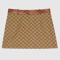 Gucci Women GG Canvas Skirt Camel Ebony Brown Leather Unlined Fitted Waistband Belt Loops
