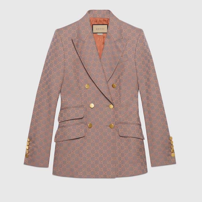 Gucci Women GG Cotton Canvas Jacket Grey Pink Lined Point Revers Double Breasted Fitted Waist