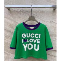 Gucci Women GG Cotton Jersey Cropped T-Shirt Green Medium Heart Patch Crewneck Short Sleeves