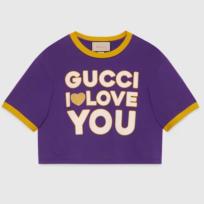Gucci Women GG Cotton Jersey Cropped T-Shirt Violet Medium Heart Patch Crewneck Short Sleeves