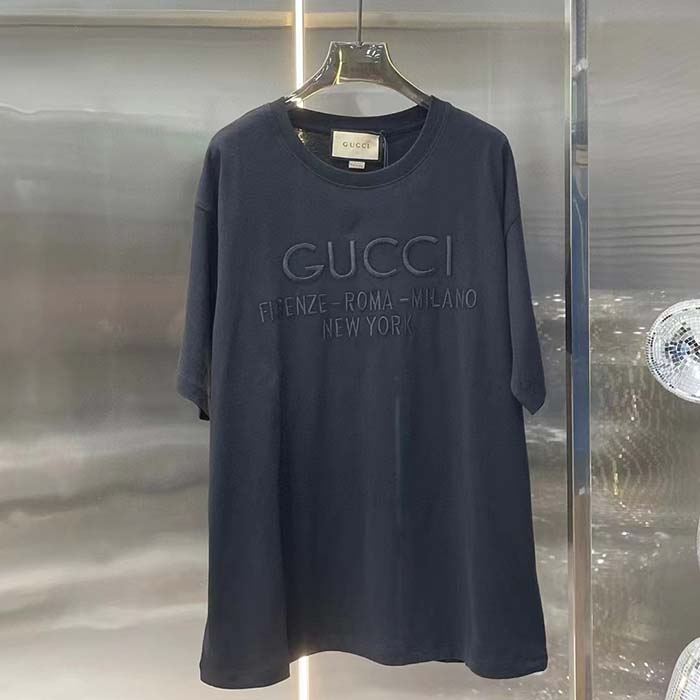 Gucci Women GG Cotton Jersey T-Shirt Black Heavy Cities Embroidery Crewneck Short Sleeves Oversize Fit (9)