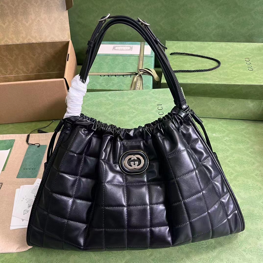 Gucci Women GG Deco Medium Tote Bag Black Quilted Leather Interlocking G (1)