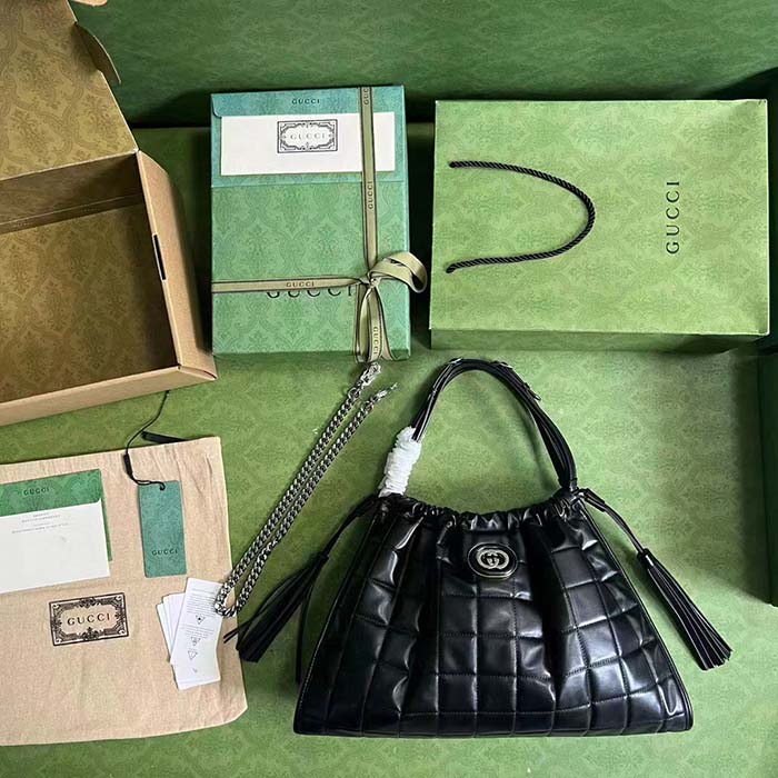 Gucci Women GG Deco Medium Tote Bag Black Quilted Leather Interlocking G (4)