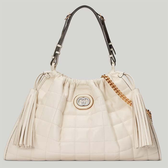 Gucci Women GG Deco Medium Tote Bag White Quilted Leather Interlocking G