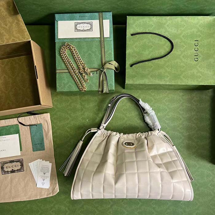 Gucci Women GG Deco Medium Tote Bag White Quilted Leather Interlocking G (4)