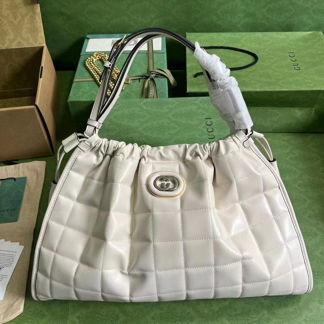 Gucci Women GG Deco Medium Tote Bag White Quilted Leather Interlocking G (6)