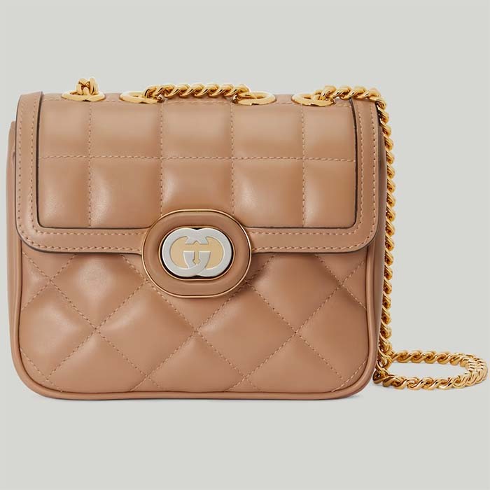 Gucci Women GG Deco Mini Shoulder Bag Rose Beige Quilted Leather Interlocking G