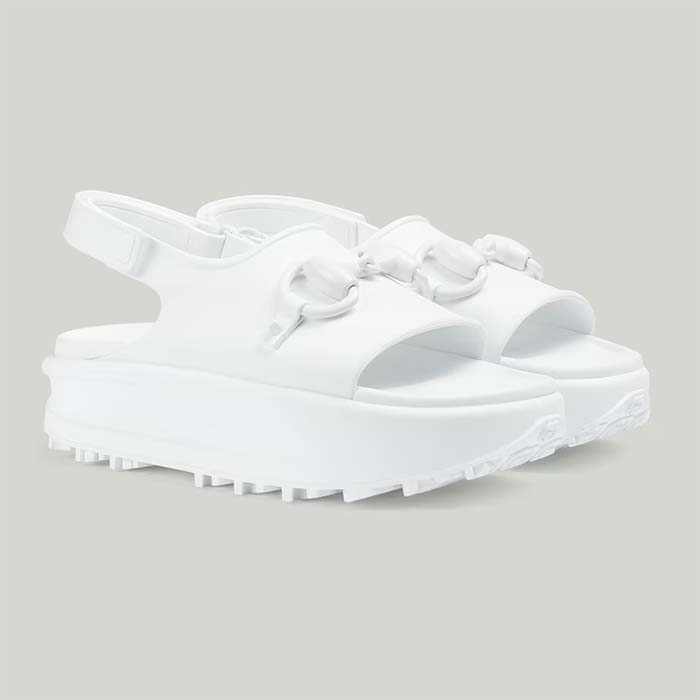 Gucci Women GG Horsebit Flatform Sandal White Rubber Plastic Horsebit Velcro Strap Closure