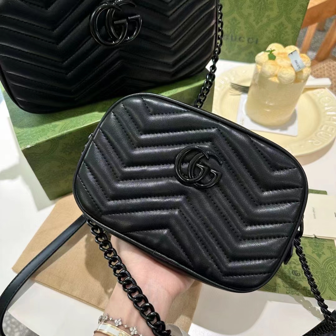 Gucci Women GG Marmont Mini Shoulder Bag Black Matelassé Chevron Leather (10)