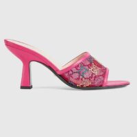 Gucci Women GG Mid Heel Slide Sandal Fuchsia GG Crystal Mesh 7.4 CM Heel (1)