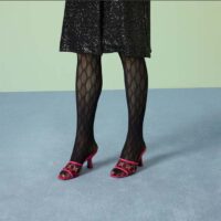 Gucci Women GG Mid Heel Slide Sandal Fuchsia GG Crystal Mesh 7.4 CM Heel (1)