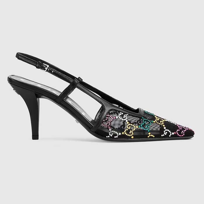 Gucci Women GG Slingback Pump Black GG Crystal Mesh Leather Mid 7.6 cm Heel