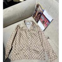 Gucci Women GG Supreme Print Beige Ebony Silk Piped Notch Collar Long Sleeves (10)