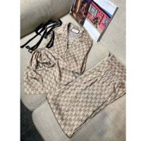 Gucci Women GG Supreme Print Beige Ebony Silk Piped Notch Collar Long Sleeves (10)