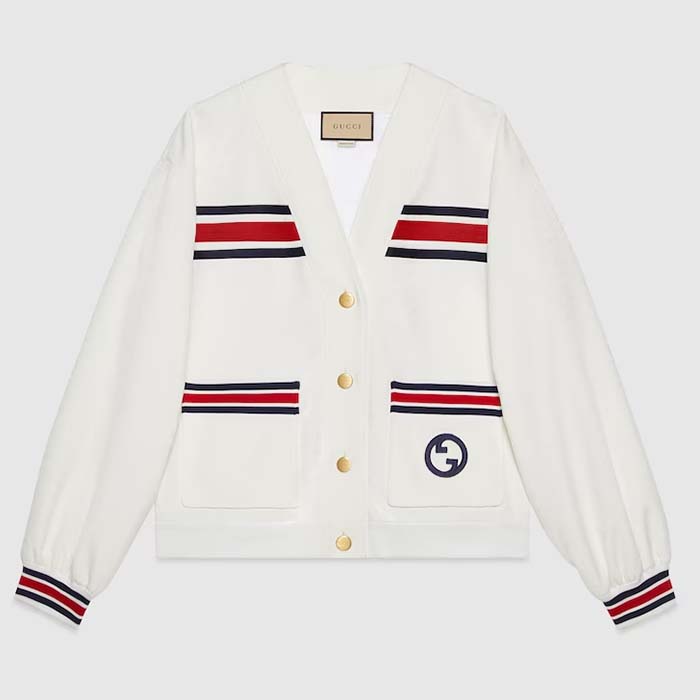 Gucci Women GG Technical Jersey Cardigan Web White V-Neck Dropped Shoulder Long Sleeves