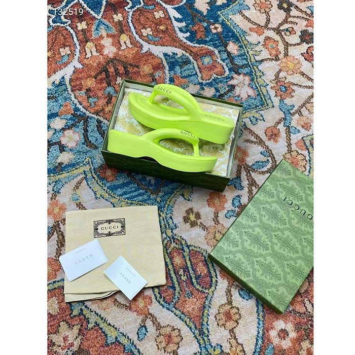 Gucci Women GG Thong Platform Slide Sandal Light Green Rubber Mid 5 CM Heel (6)