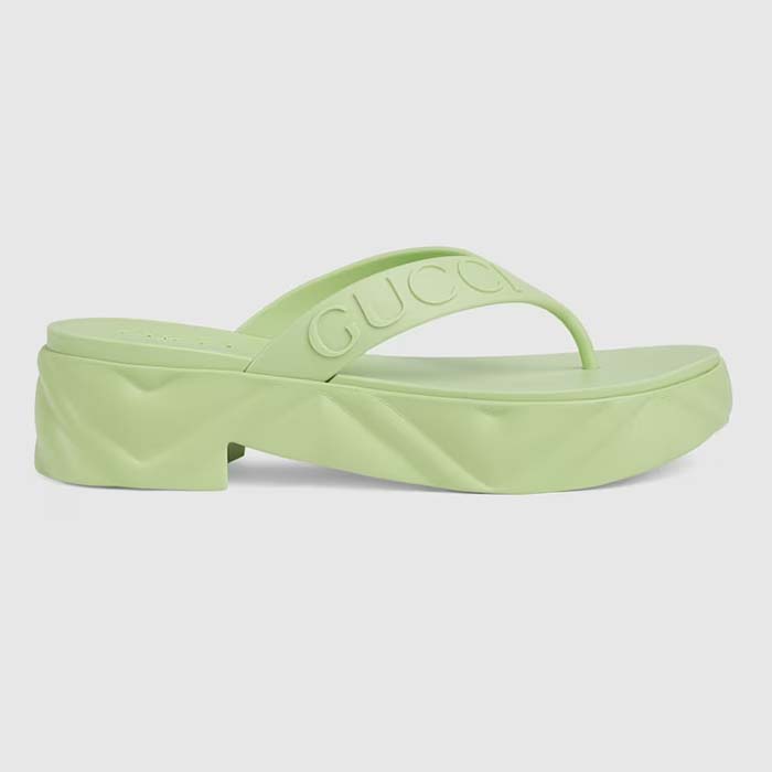 Gucci Women GG Thong Platform Slide Sandal Light Green Rubber Mid 5 CM Heel