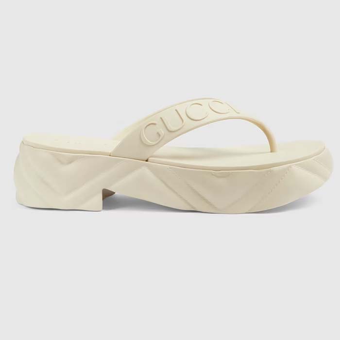 Gucci Women GG Thong Platform Slide Sandal White Rubber Mid 5 CM Heel (6)