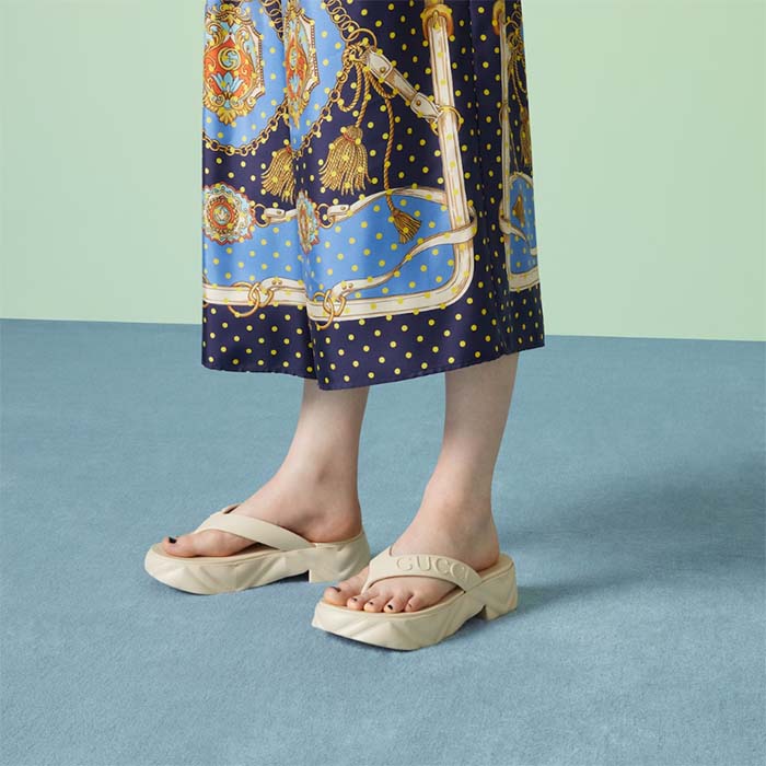 Gucci Women GG Thong Platform Slide Sandal White Rubber Mid 5 CM Heel (7)