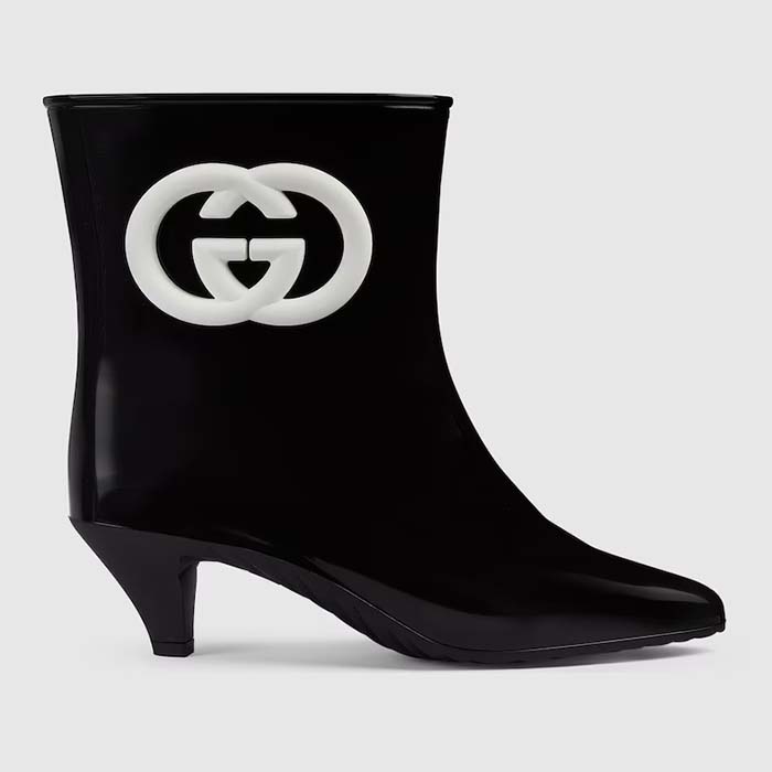 Gucci Women Interlocking G Ankle Boot Black Shiny Rubber Matte Point Toe Low-Heel