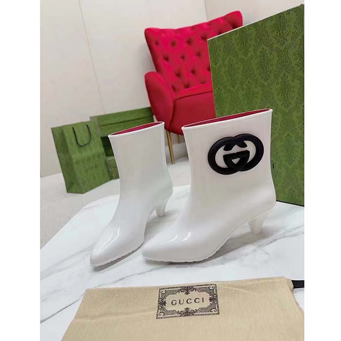 Gucci Women Interlocking G Ankle Boot White Shiny Rubber Matte Point Toe Low-Heel (11)