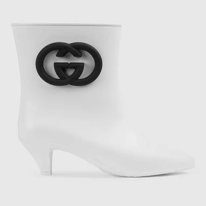 Gucci Women Interlocking G Ankle Boot White Shiny Rubber Matte Point Toe Low-Heel