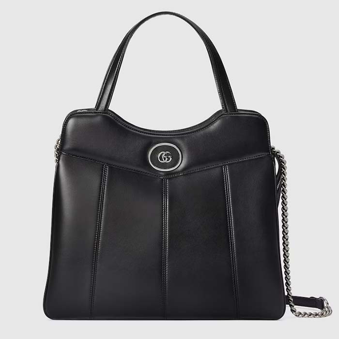 Gucci Women Petite GG Medium Tote Bag Black Leather Double G Zip Closure