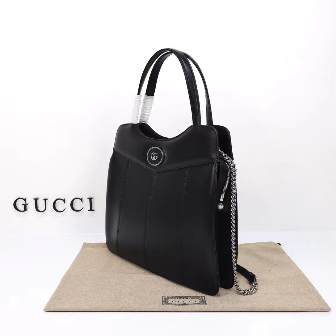 Gucci Women Petite GG Medium Tote Bag Black Leather Double G Zip Closure (11)