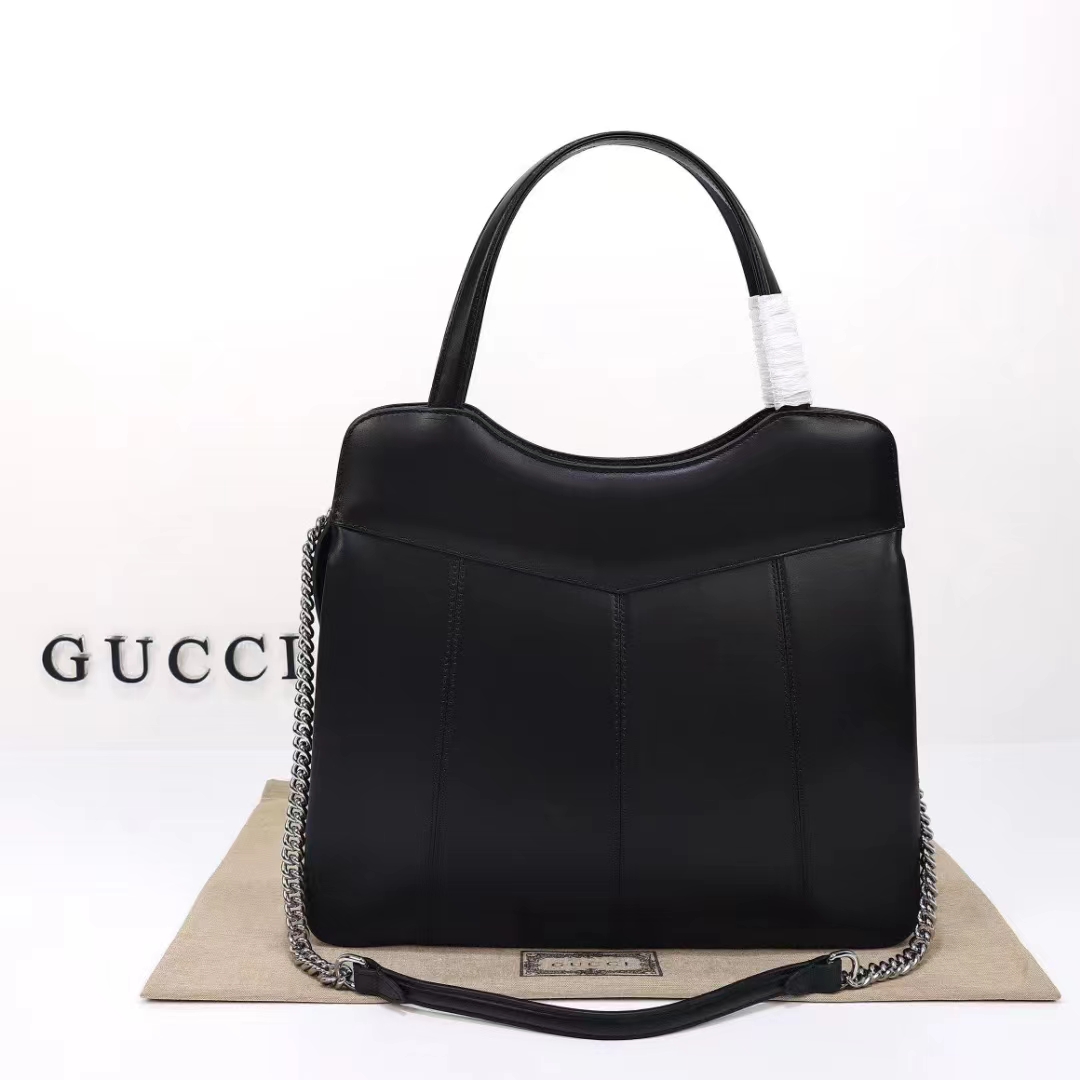 Gucci Women Petite GG Medium Tote Bag Black Leather Double G Zip Closure (3)