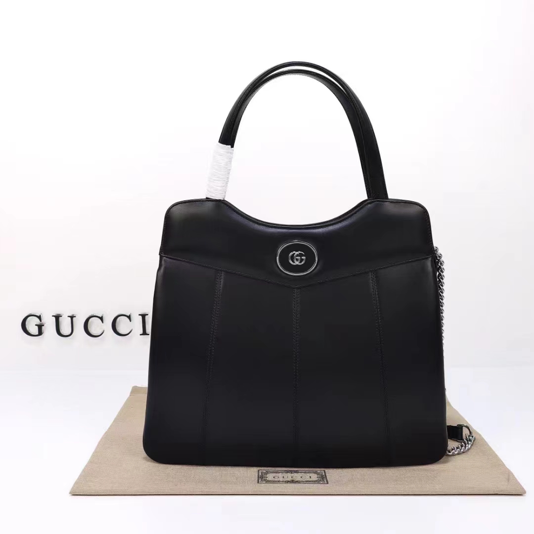 Gucci Women Petite GG Medium Tote Bag Black Leather Double G Zip Closure (5)