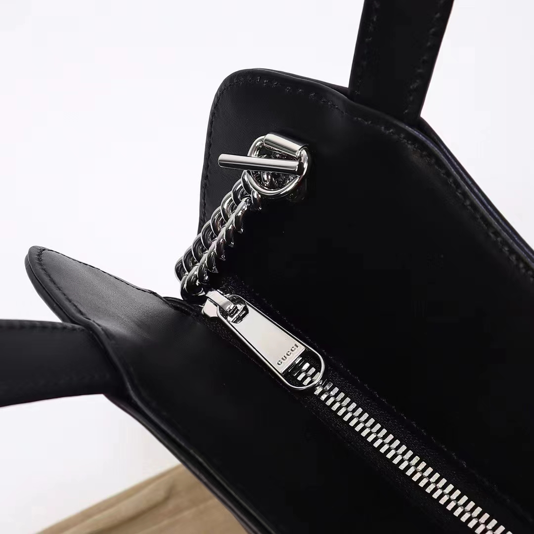 Gucci Women Petite GG Medium Tote Bag Black Leather Double G Zip Closure (7)