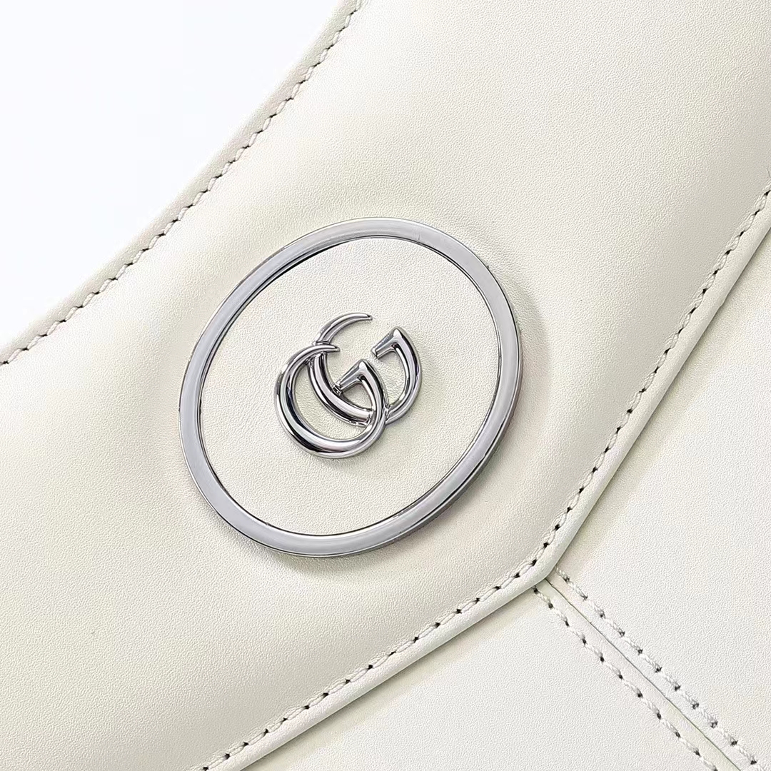 Gucci Women Petite GG Medium Tote Bag White Leather Double G Zip Closure (6)