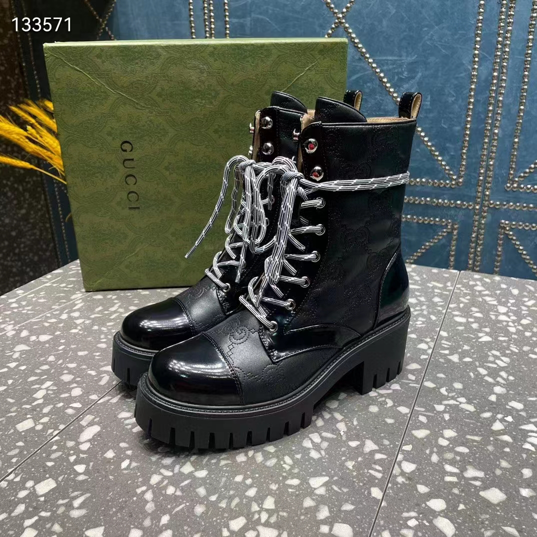 Gucci Women’s Matelassé Lace-Up Boot Black GG Matelassé Leather Low-Heel (1)